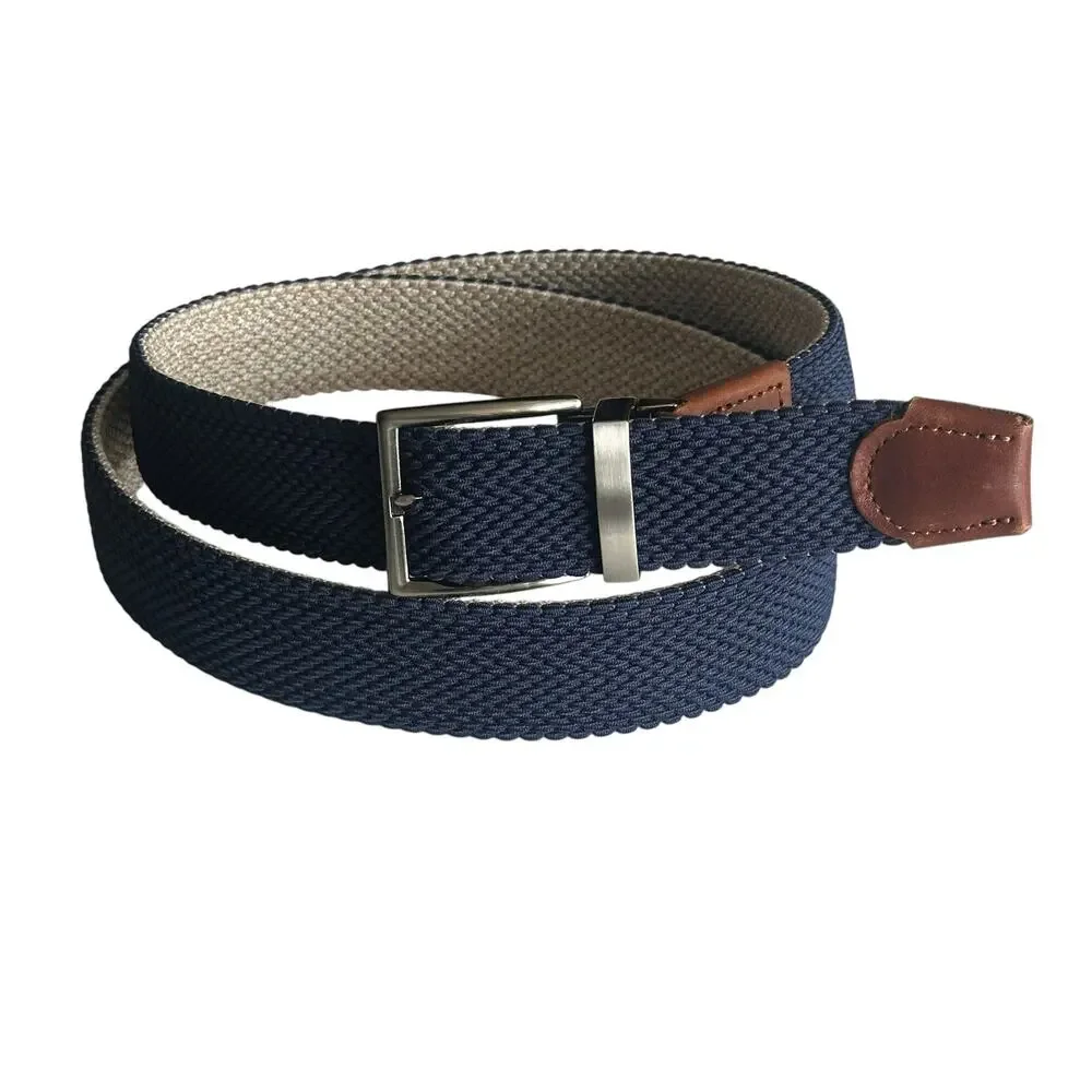 Tommy Bahama Reversible Woven Belt Mens Size L/XL Blue Cream Stretch Braided